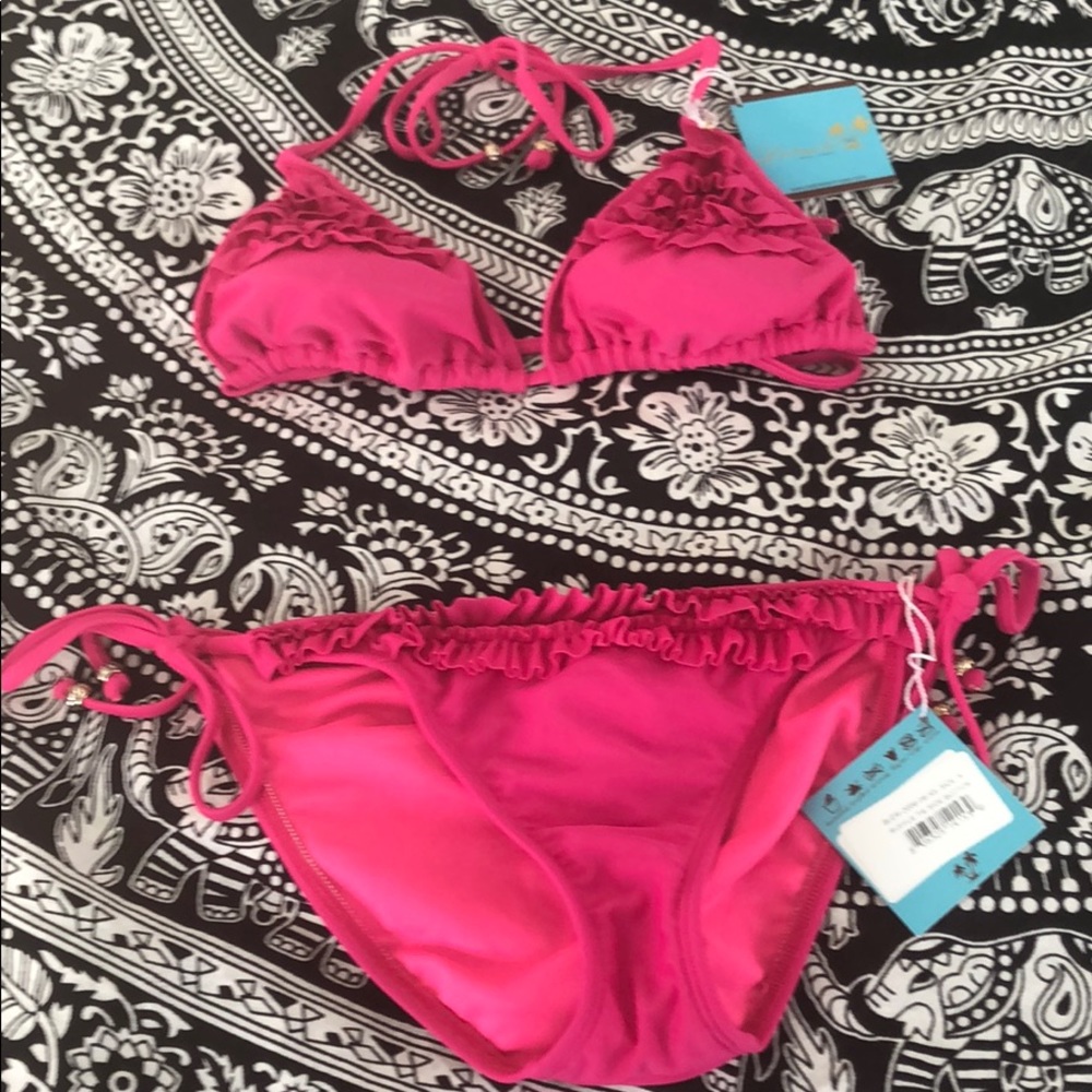 LETARTE HOT PINK RUFFLED BIKINI WITH GOLD BEADS